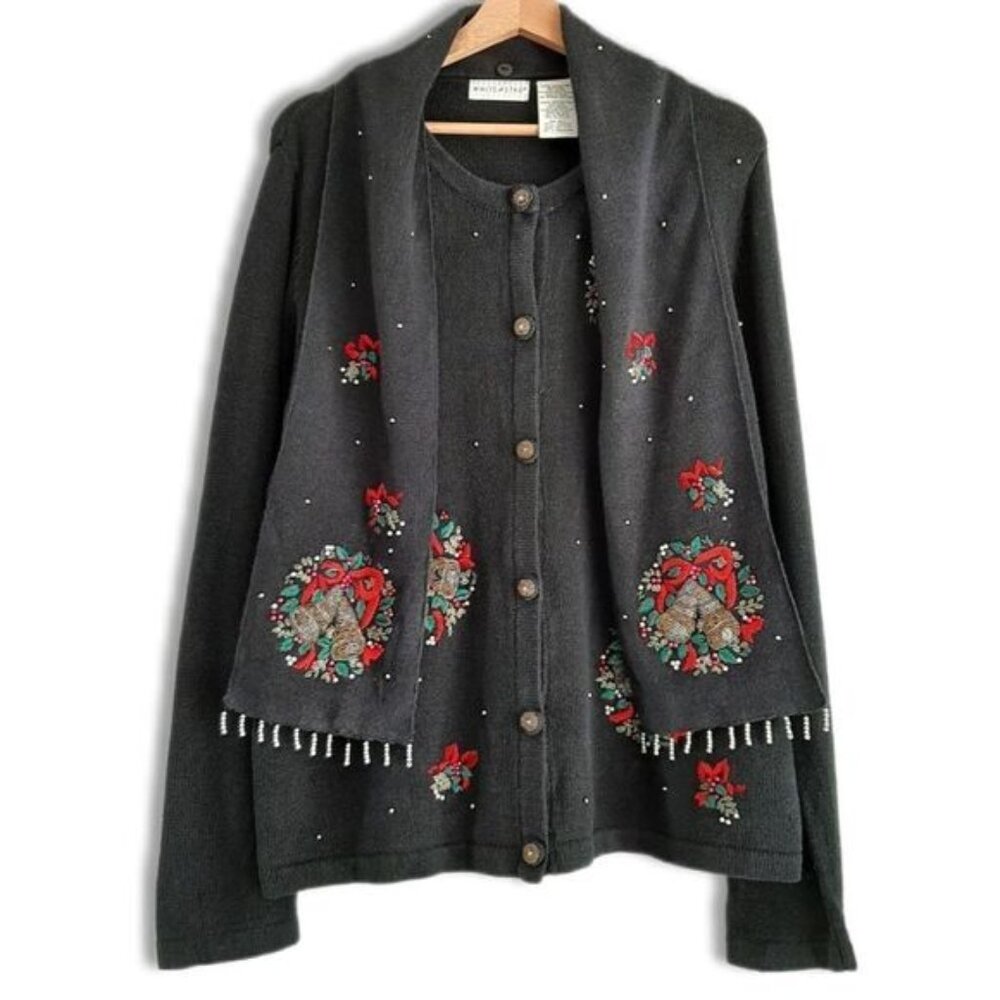 WHITE STAG Vintage Embroidery & Bead Work Christmas Bells Cardigan Sweater Sz XL